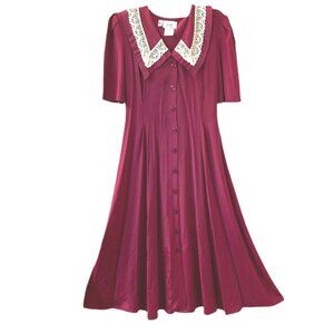 Vintage Jody California Women Lace Trim Collar Button Dress Burgundy Sz 5 USA